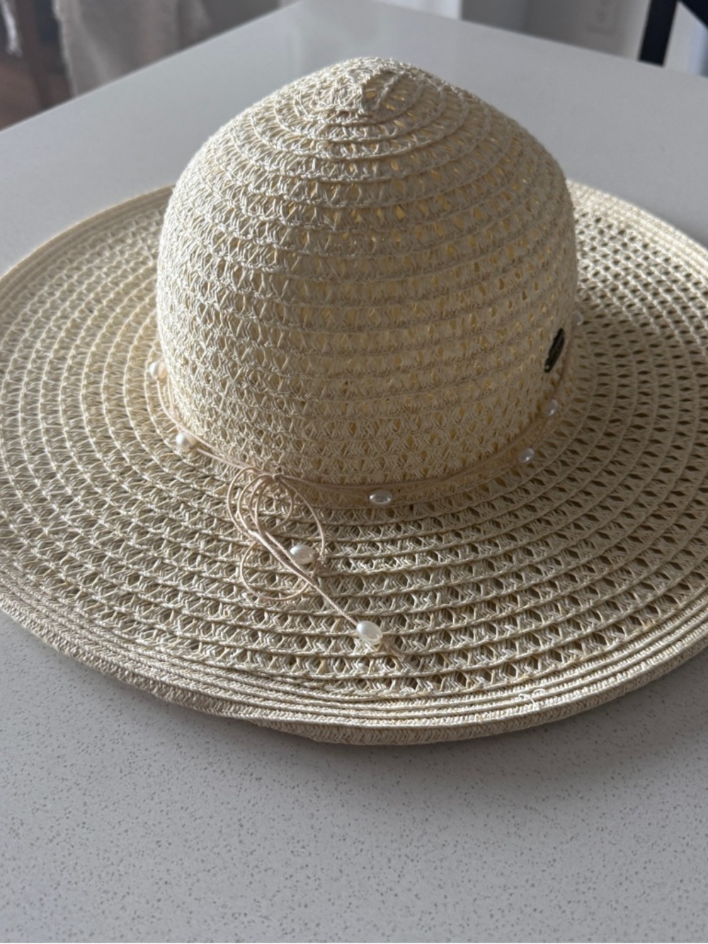 Ron Jon Cream Straw Sun Hat with Pearl Trim
